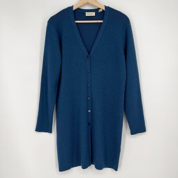 Vintage Nordstrom Preview Merino Wool Cardigan Duster Sweater Small Blue V Neck - Picture 1 of 9